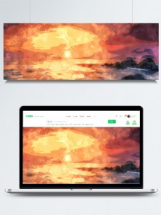 全原创手绘水彩写日出大海背景