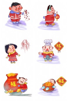 手绘中古风复古过新年迎新春年画系列免扣文件