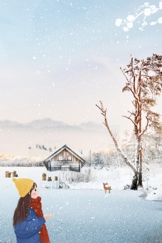 冬天雪景手绘卡通冬天大雪背景