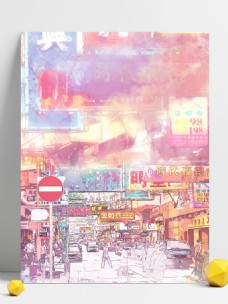 香港风景手绘香港街景老海报风格