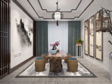 画中国风新中式风格茶室空间装修设计效果图