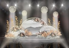 古典江南半圆水墨画竹子镂空装饰婚礼效果图