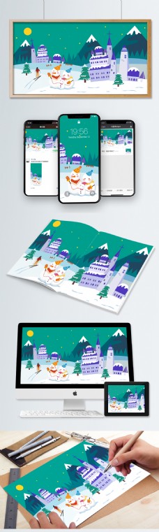 卡通冬天下雪滑雪人物城堡雪山雪地树木插画