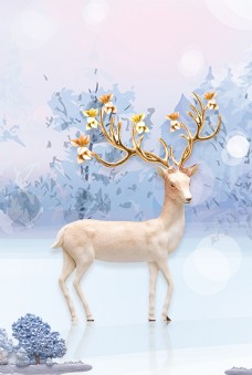 唯美手绘雪山中麋鹿背景素材