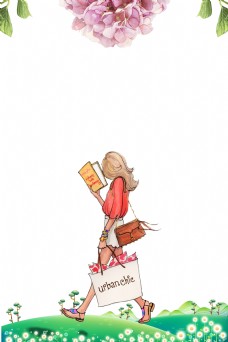 简约青春校园走路看书的女孩背景素材
