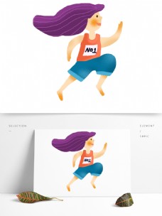 紫发手绘运动员装饰元素