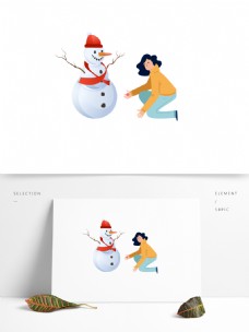手绘卡通堆雪人的卷发美女和红帽子雪人