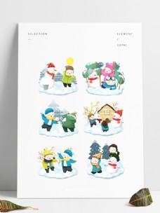 冬季打雪仗卡通儿童可商用场景插画合集