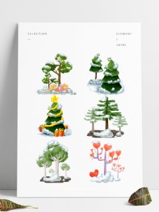 季节商用手绘冬季下雪雪树圣诞节植物组合元素