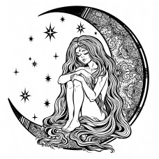 手绘花纹手绘闭眼睛的月亮少女矢量素材