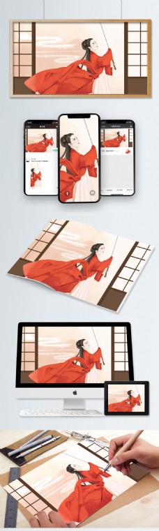 中国水墨画红衣女子