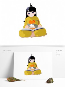 睡衣女孩卡通女孩抱着猫咪看书原创元素
