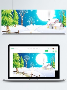 圣诞风景彩绘可爱圣诞节雪地雪屋童话风背景设计