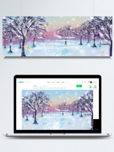 紫色梦幻冬季树木雪景设计