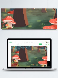 森林草地上的红色蘑菇卡通背景