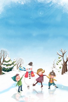 卡通冬天玩耍的孩子海报背景