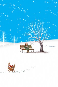 卡通冬天大树和人物海报背景