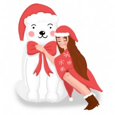 圣诞女孩手绘可爱圣诞节北极熊和女孩精灵靠在一起