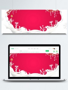 圣诞风景红色剪纸风圣诞简约化妆品海报背景