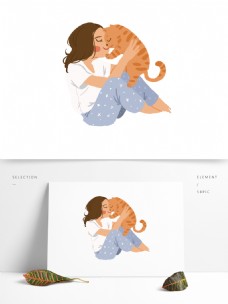 亲吻小猫的女人卡通元素