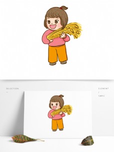 手拿黄色麦穗的开心小女孩卡通元素