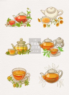 茶杯手绘茶饮插画设计元素