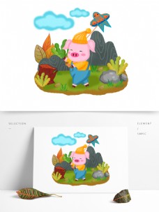 可爱小动物猪年动物猪手绘可爱放风筝的小猪卡通插画