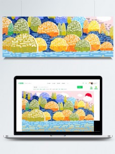 彩色像素化秋季小溪树林背景设计