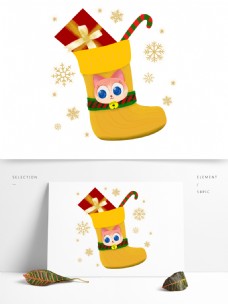 雪花元素可爱橘猫圣诞袜子金色雪花设计元素