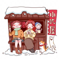 日系立冬时节和妈妈一起在小吃屋吃关东煮的女孩子