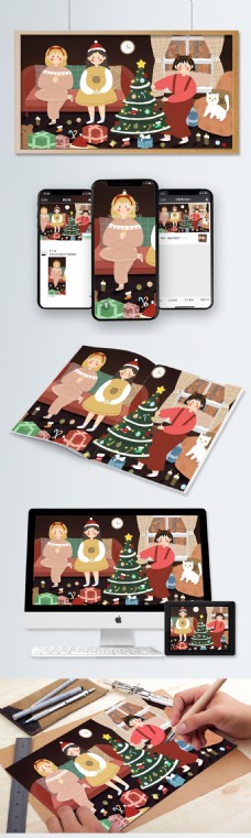 圣诞女孩女孩们在家装饰圣诞树过圣诞节创意插画