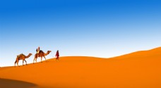 蓝天下沙漠中的骆驼和游人