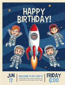 儿童贺卡手绘可爱太空儿童生日贺卡