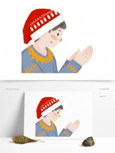 孩子手绘卡通鼓掌的戴红色毛线帽子的可爱男孩