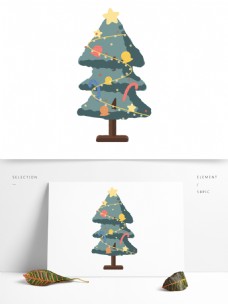 手绘卡通星星铃铛彩灯礼物装饰精美的圣诞树