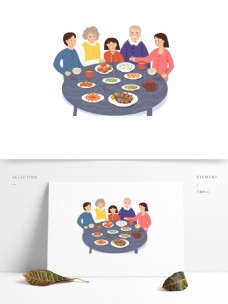 美满家庭手绘卡通满桌子美食的祖孙三代幸福家庭聚餐