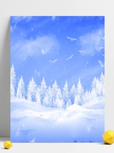 冬天雪景纯原创手绘小清新冬天飘雪的松树林雪景背景