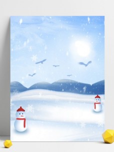 纯原创手绘小清新冬季下雪天雪地上雪人背景