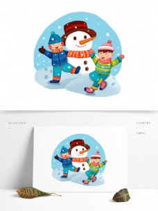 卡通可爱男孩雪人冬季雪天打雪仗玩耍元素