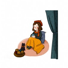 冬季小女孩冬季冬天小女孩穿着保暖的围巾帽子毛毯猫取暖卡通手绘