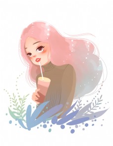冬季插画穿毛衣喝奶茶的女孩
