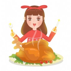 开心卡通卡通手绘感恩节女孩开心吃火鸡