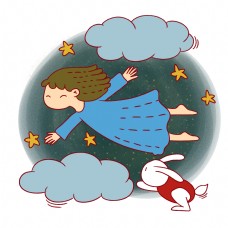 睡衣女孩手绘卡通可爱梦幻童话小女孩和小白兔