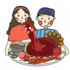 家庭聚会卡通手绘节日感恩节家庭家人聚会吃火鸡