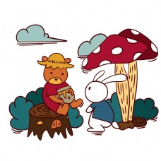 可爱小白熊手绘卡通可爱童话小熊和小白兔