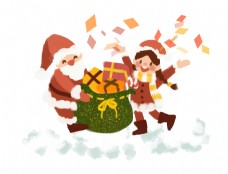 圣诞女孩圣诞节手绘卡通可爱圣诞老人女孩发礼物雪地庆祝