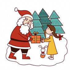 圣诞女孩手绘卡通可爱圣诞节圣诞老人与小女孩