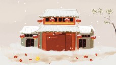 手绘雪景房屋海报背景