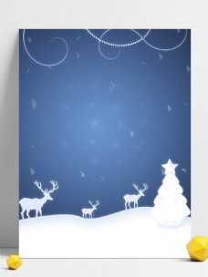 圣诞风景纯原创卡通风格雪地上的圣诞树麋鹿蓝色背景