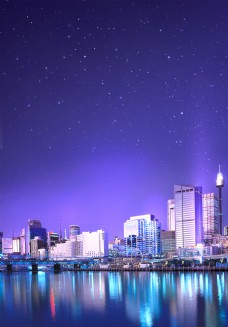 城市夜景唯美紫色渐变城市夜空海报背景素材